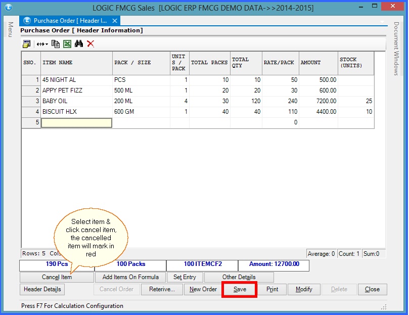 fmcg purchase order item details